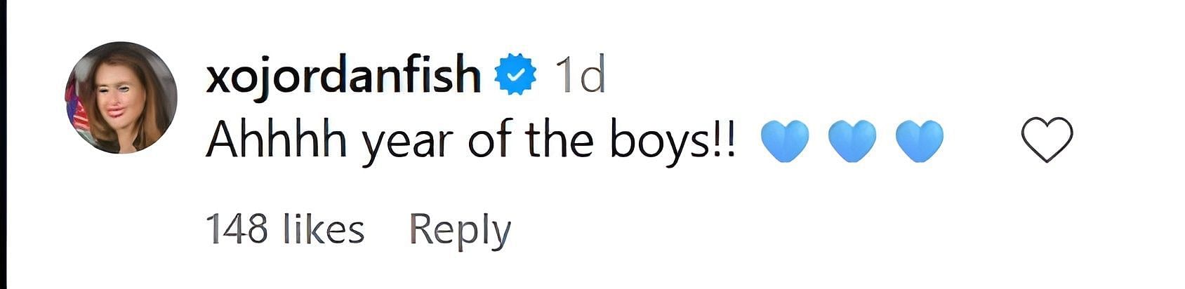 Denny Hamlin's fiancée, Jordan Fish's comment on Gianna Tulio's gender reveal post. Source: via Instagram, @giannatulio